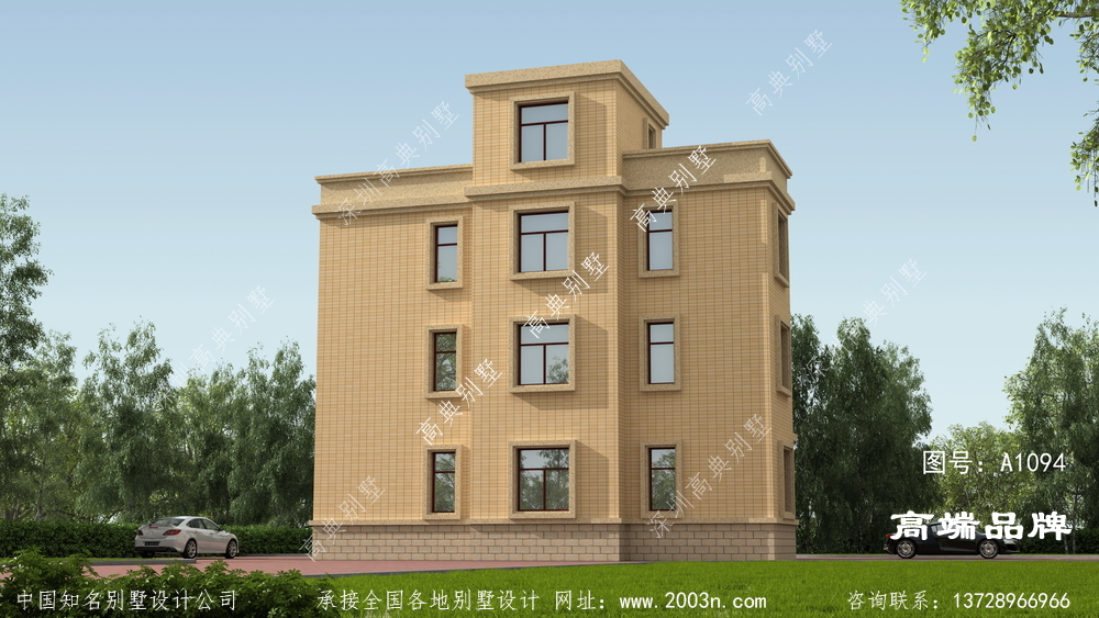 外墻貼黃色瓷磚三層別墅外觀簡潔