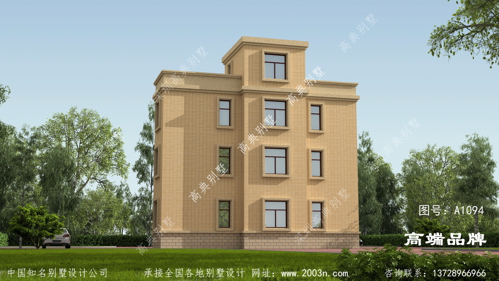 外墻貼黃色瓷磚三層別墅外觀簡潔